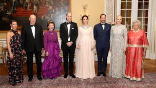 Prince William, Duke of Cambridge and Catherine, Duchess of Cambridge (C) pose with (L-R) Princess Martha Louise of Norway, Harald V of Norway, Queen Sonja of Norway, Crown Prince Haakon of Norway, Crown Princess Mette Marit of Norway and Princess Astrid of Norway ahead of a dinner at the Royal Palace on day 3 of their visit to Sweden and Norway on February 1, 2018 in Oslo, Norway