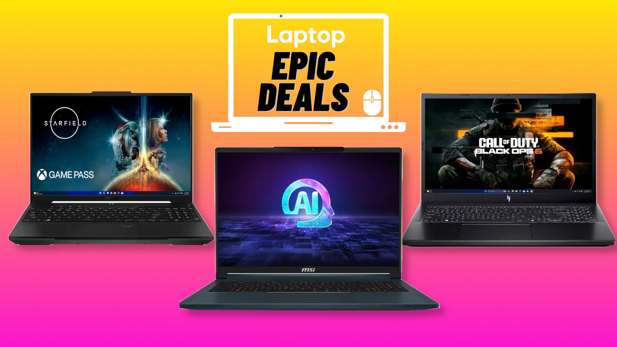 Asus TUF Gaming A16, MSI Stealth 16 AI, and HP Victus 15 gaming laptops against orange and pink gradient background with epic deals laptop logo badge.