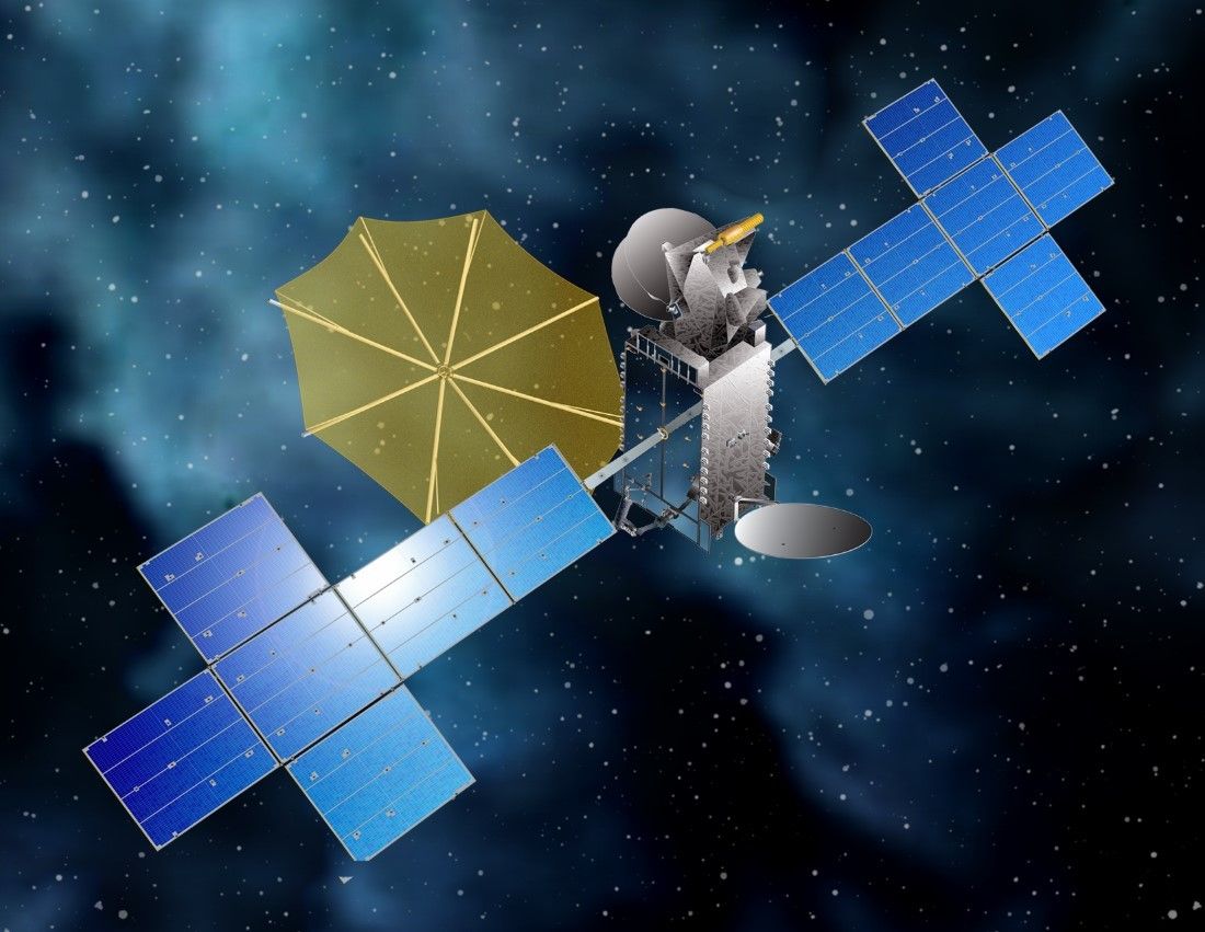 An artist&#039;s illustration of the Sirius XM-7 satellite in orbit.