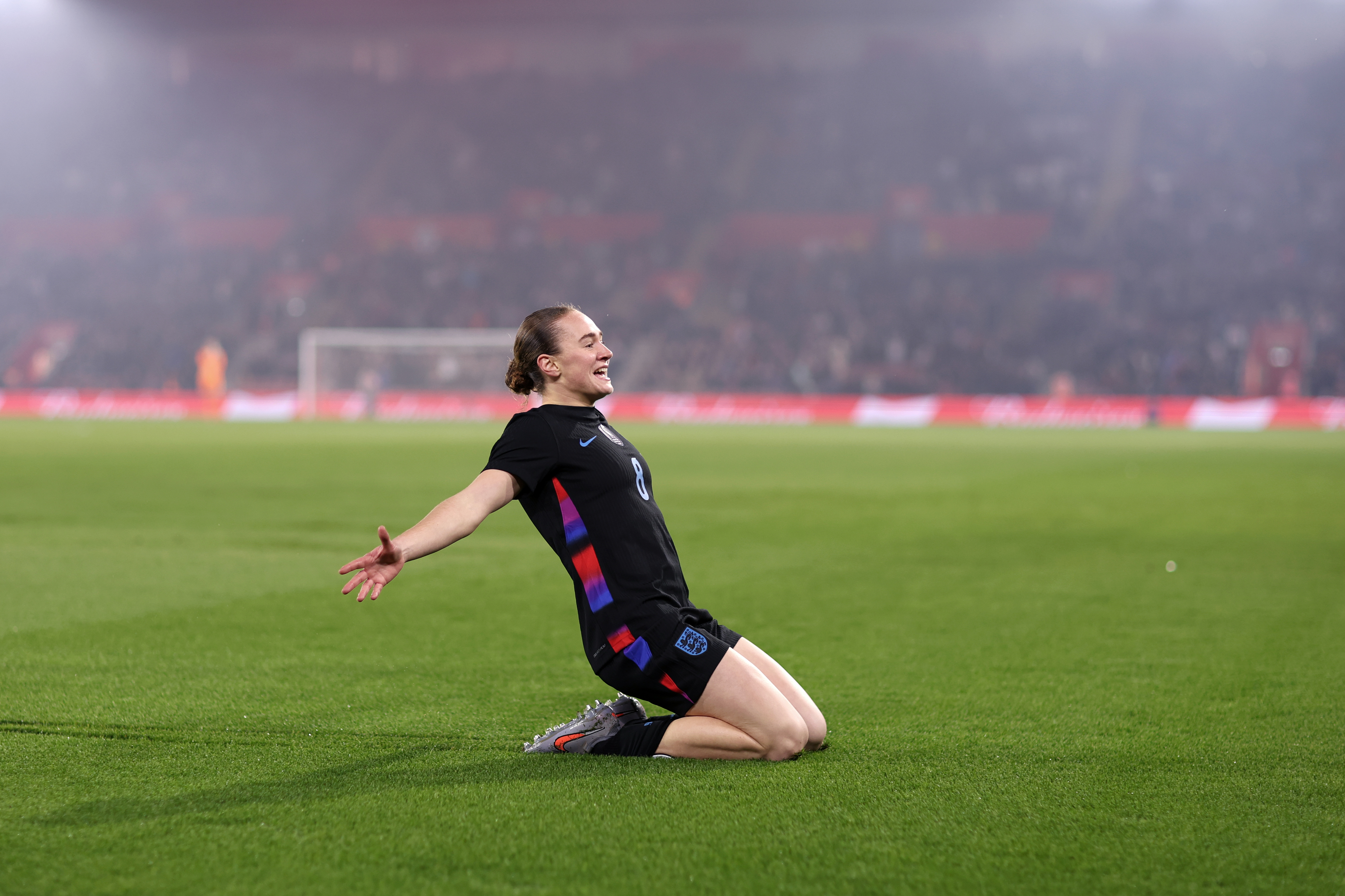 SOUTHAMPTON, ENGLAND - DECEMBER 02: Lucia Kendall of England celebrates scoring her team&amp;amp;apos;s first goal during the Women&amp;amp;apos;s international friendly between England and Ghana at St Mary&amp;amp;apos;s Stadium on December 02, 2025 in Southampton, England. (Photo by Naomi Baker - The FA/The FA via Getty Images)