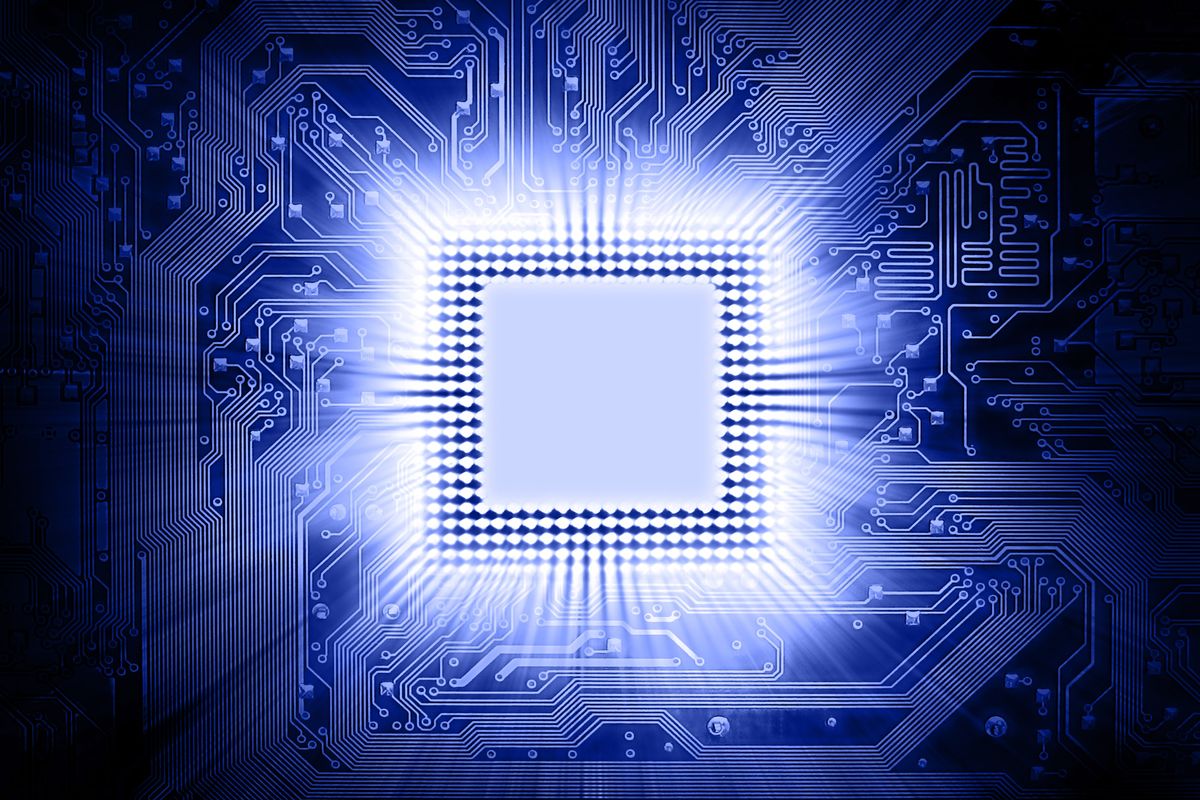 Abstract image of a glowing central processing unit on a blue circuit board