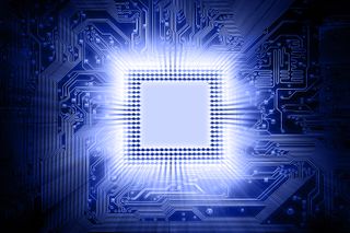 Abstract image of a glowing central processing unit on a blue circuit board