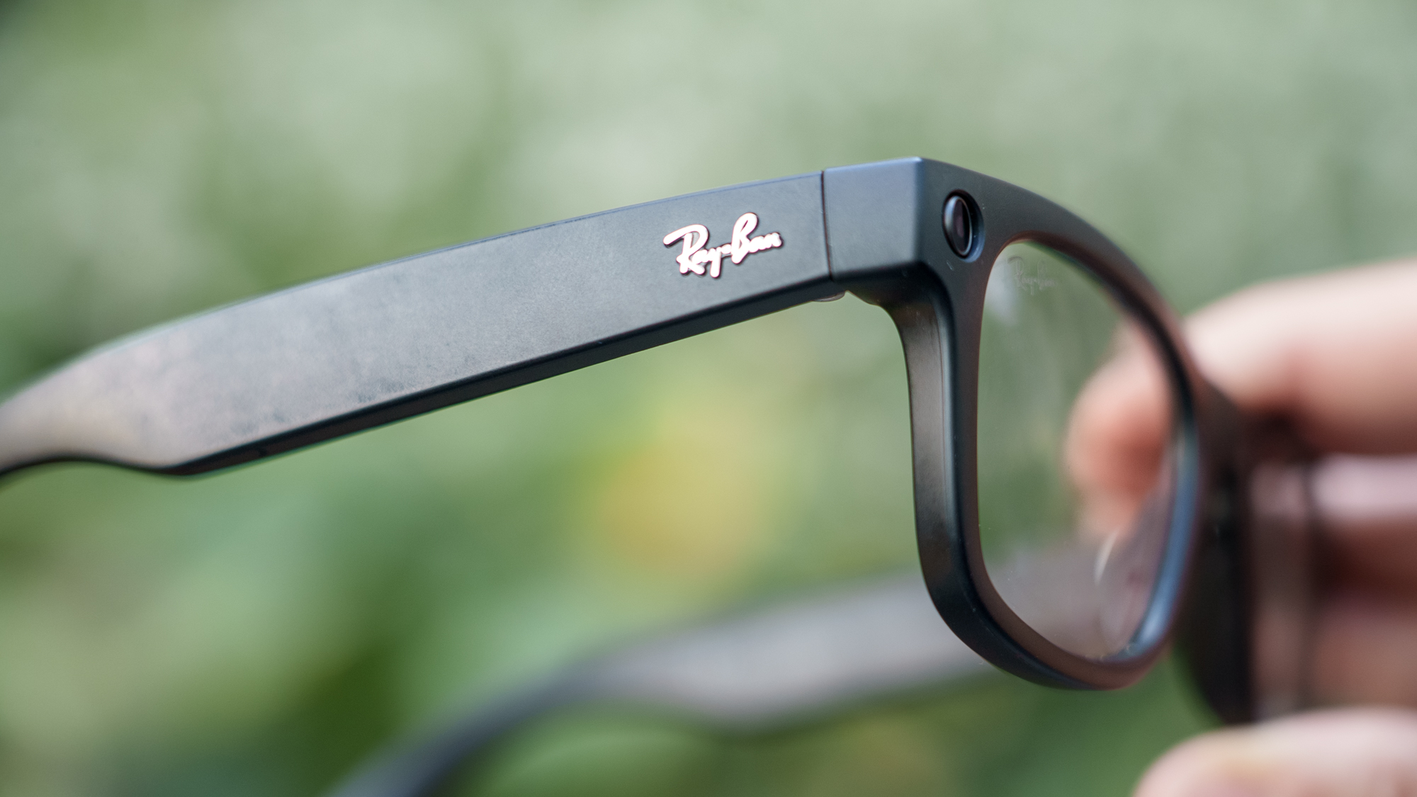 The Ray-Ban logo on Meta Ray-Ban (gen 2) smart glasses
