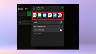 A screenshot of a user sharing a link to a Facetime call using the sharing menu