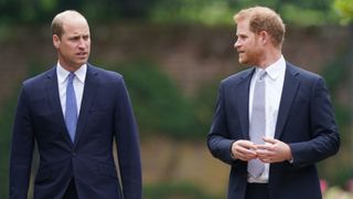 Prince William, Duke of Cambridge (left) and Prince Harry, Duke of Sussex arrive for the unveiling of a statue they commissioned of their mother Diana, Princess of Wales, in the Sunken Garden at Kensington Palace, on what would have been her 60th birthday on July 1, 2021 in London, England.