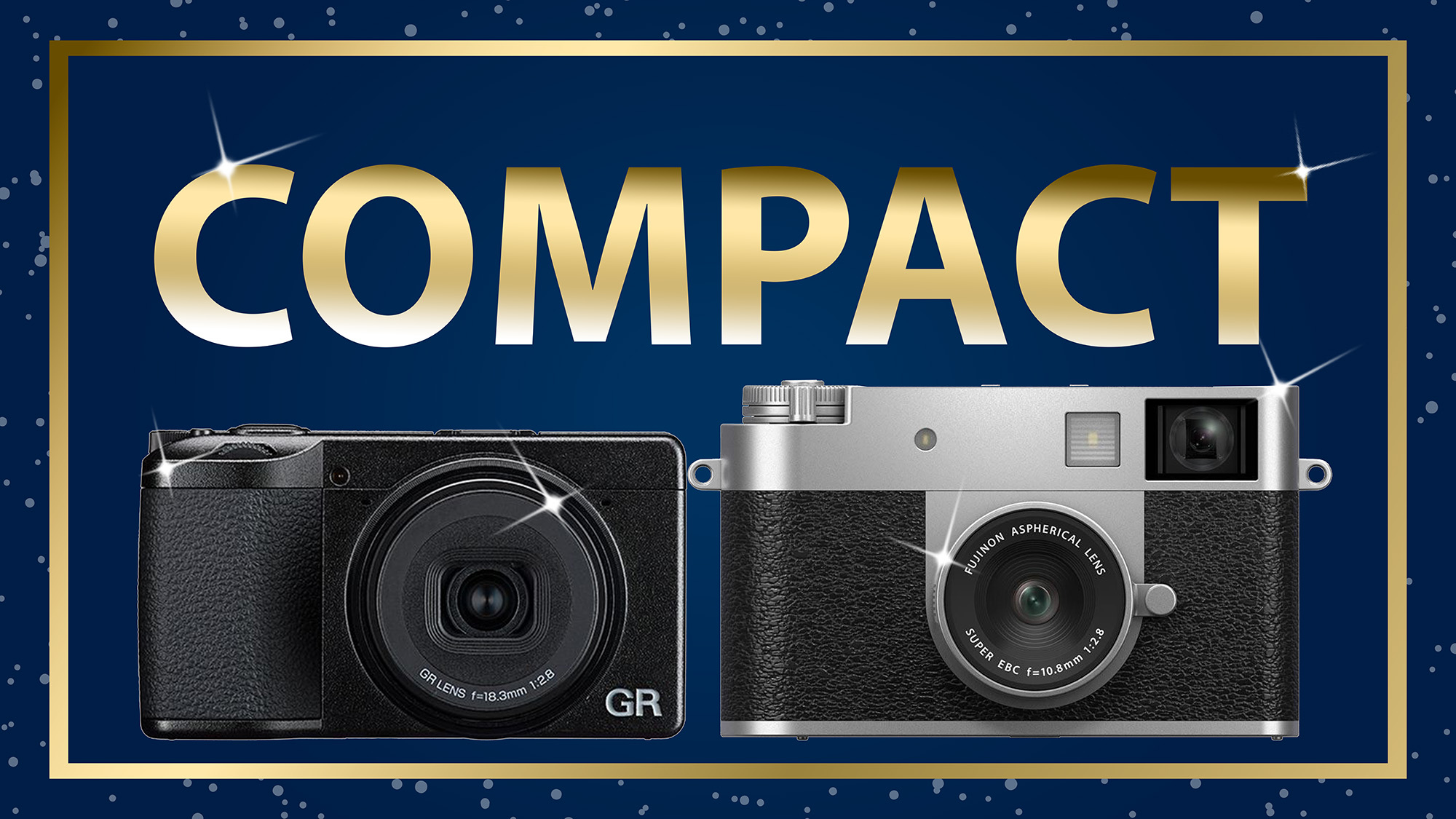 Gear of the year 2025 with gold writing and border and a blue background with cameras