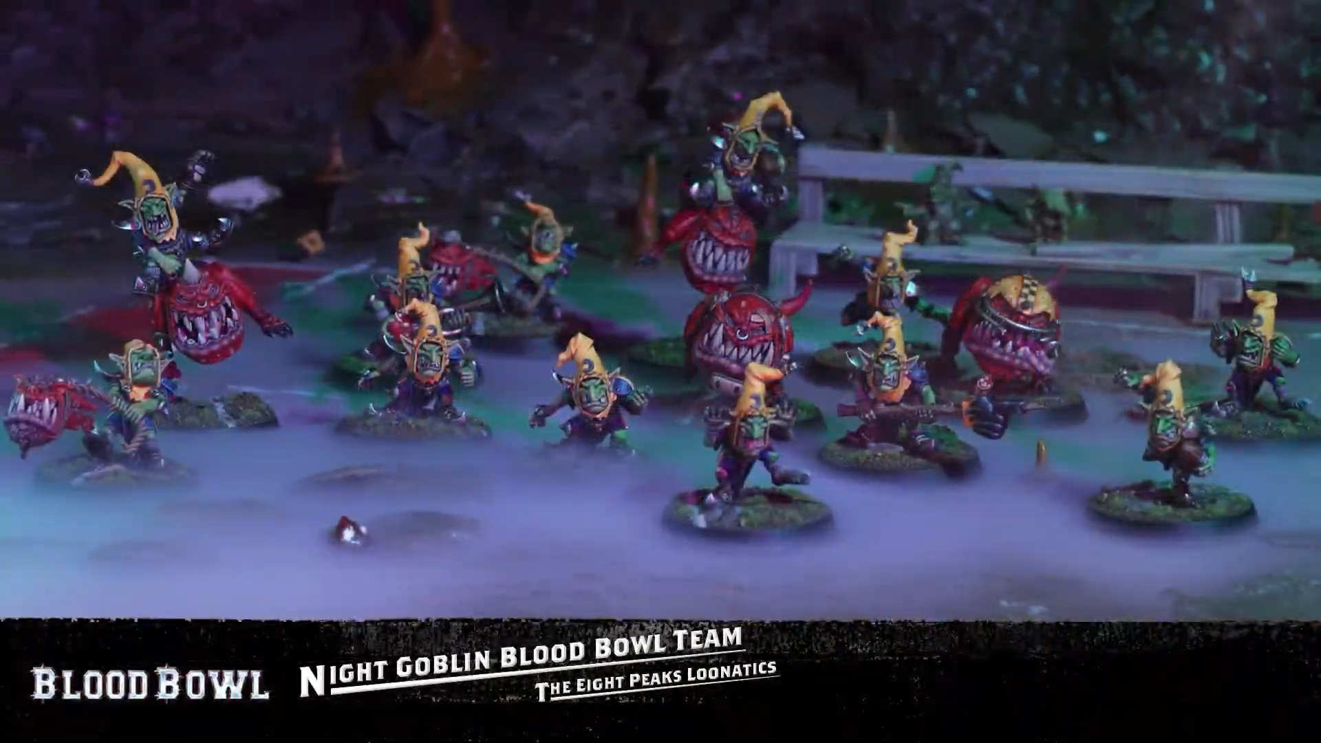 Warhammer Night Goblin Blood Bowl team on a misty background