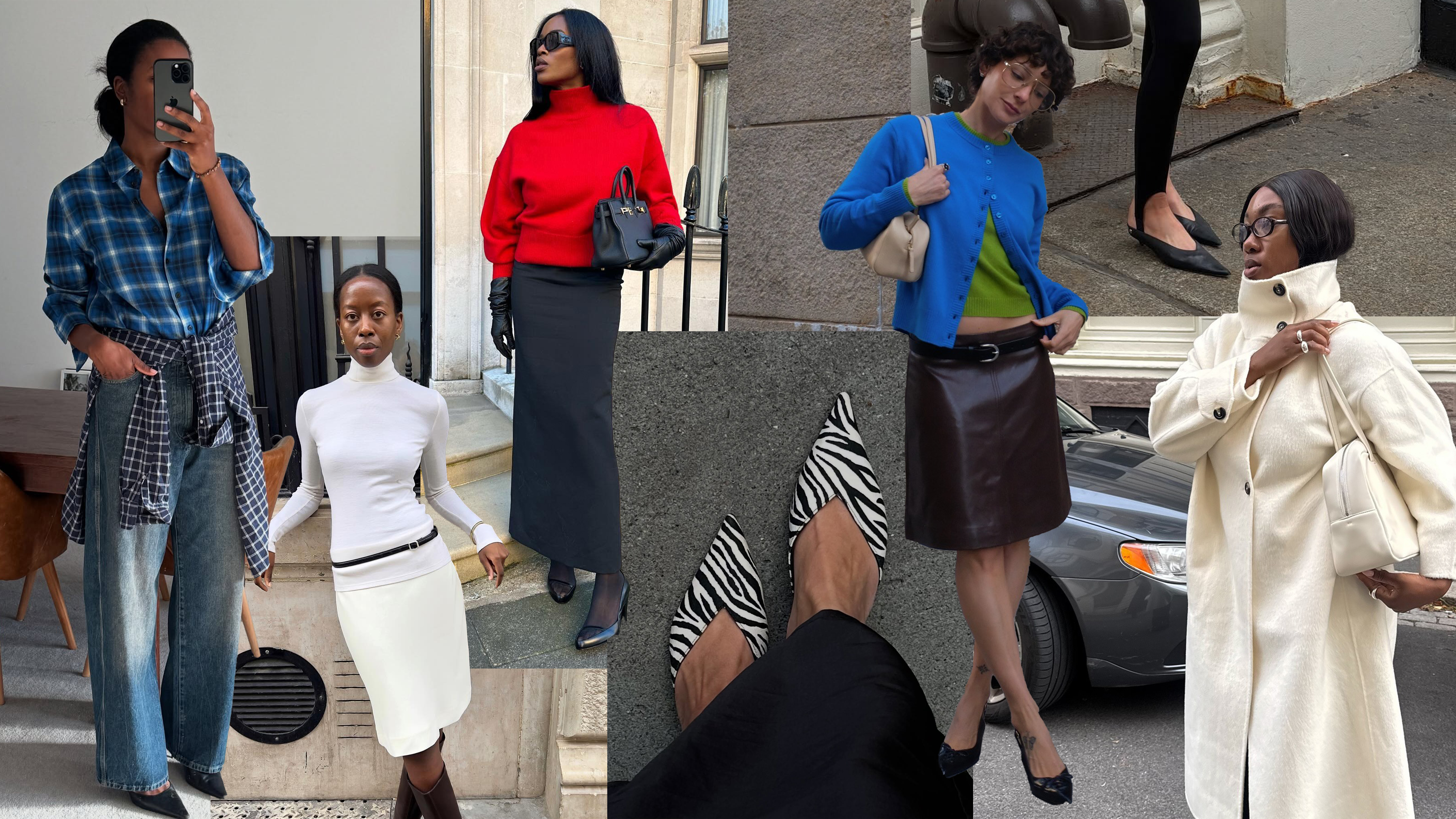 Influencer Marilyn is in a plaid button-down shirt with another plaid button-down tied around their jeans. Sylvie Mus wears a white turtleneck, a white midi skirt, and brown knee-high boots. Influencer Marilyn wears a black column skirt, red turtleneck, black gloves, and black pumps. Dina Hansen wears zebra print flats. Influencer Alyssa wears a brown leather skirt, a green tank, and a capri blue cardigan. Coco Schiffer wears stir-up leggings with a heather grey sweater. Influencer Nnenna wears a white funnel-neck coat. 