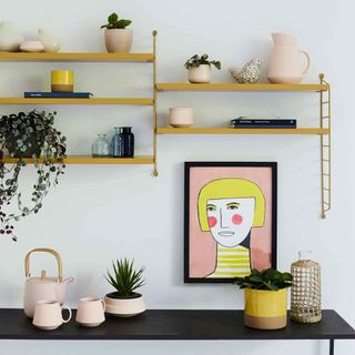 room with white wall yellow frame and potted plant