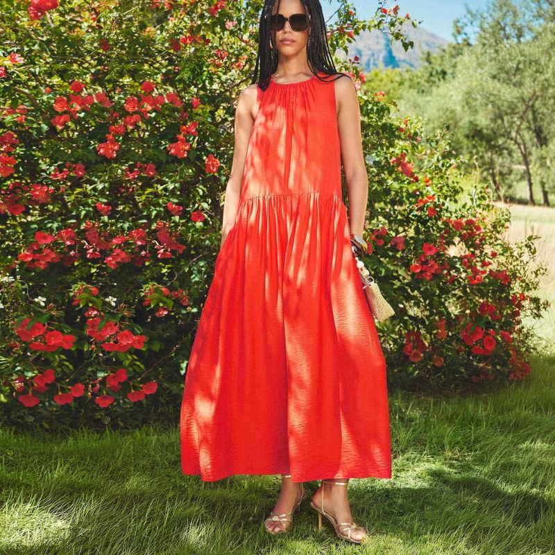 Bright Orange Drop Waist Sleeveless Midi Dress on model
