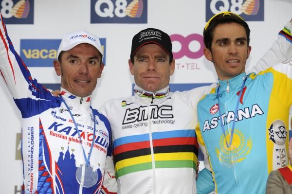 Joaquim Rodriguez (Katusha), Cadel Evans (BMC) and Alberto Contador (Astana) on the podium at La Fleche Wallonne.