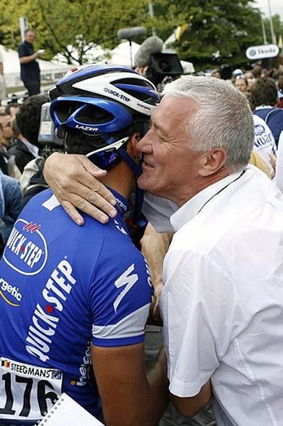 Patrick Lefevere gives a hug to Gert Steegmans