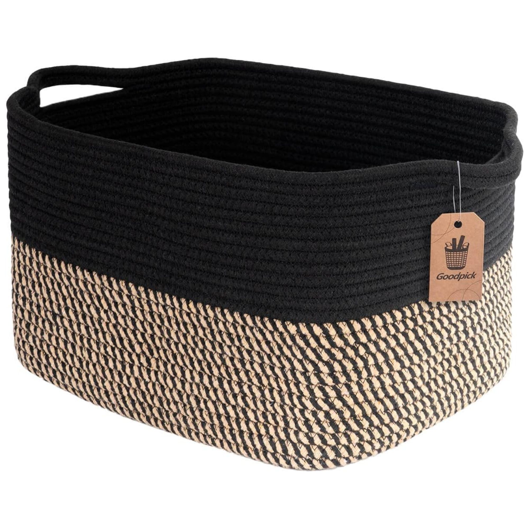 A black and tan rectangular woven storage basket with integrated handles