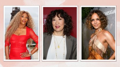 (L to R) Serena Williams is pictured with long blonde curls on the red carpet ahead of the opening ceremony of the Olympic Games Paris 2024 on July 26, 2024 in Paris, France, alongside a picture of Sandra Oh, with bouncy waves at the SAG-AFTRA Foundation Conversations &quot;The Sympathizer&quot; at Paley Center For Media on June 10, 2024 in New York City. And finally, Halle Berry is seen with a curly bob at the &quot;Never Let Go&quot; world premiere held at Regal Times Square on September 16, 2024 in New York City/ in a pink watercolour paint-style template