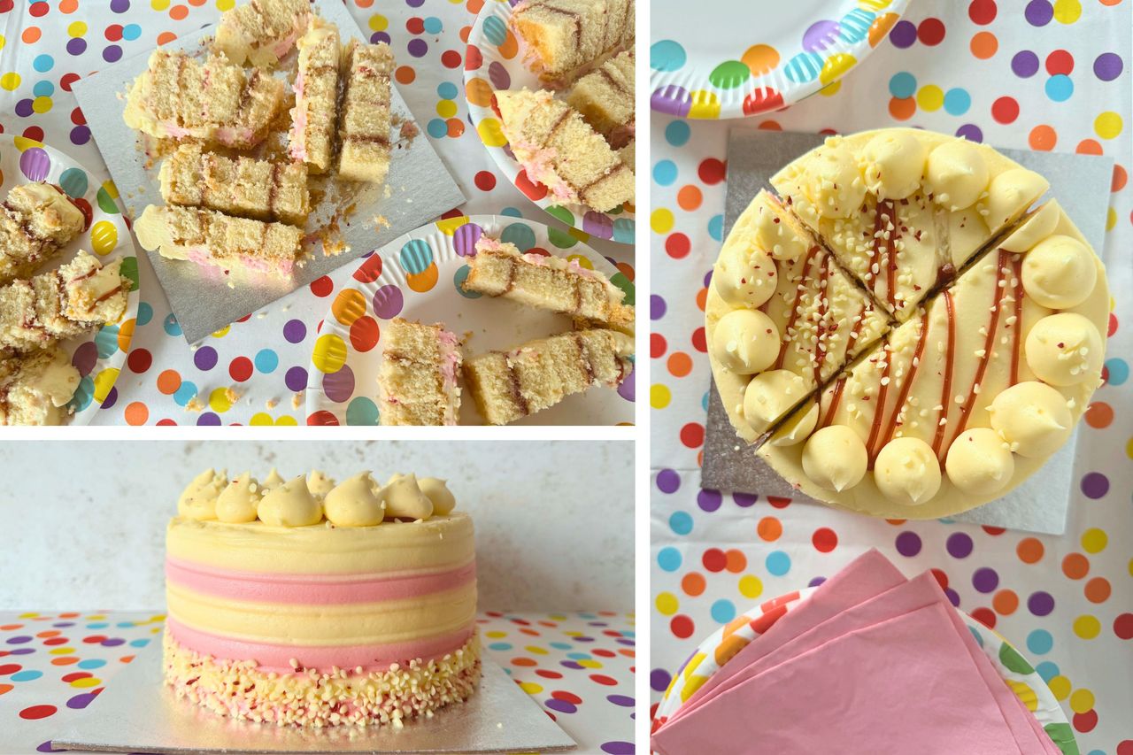 Collage of images of a kid&#039;s birthday cake being cut for party bags