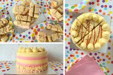 Collage of images of a kid's birthday cake being cut for party bags