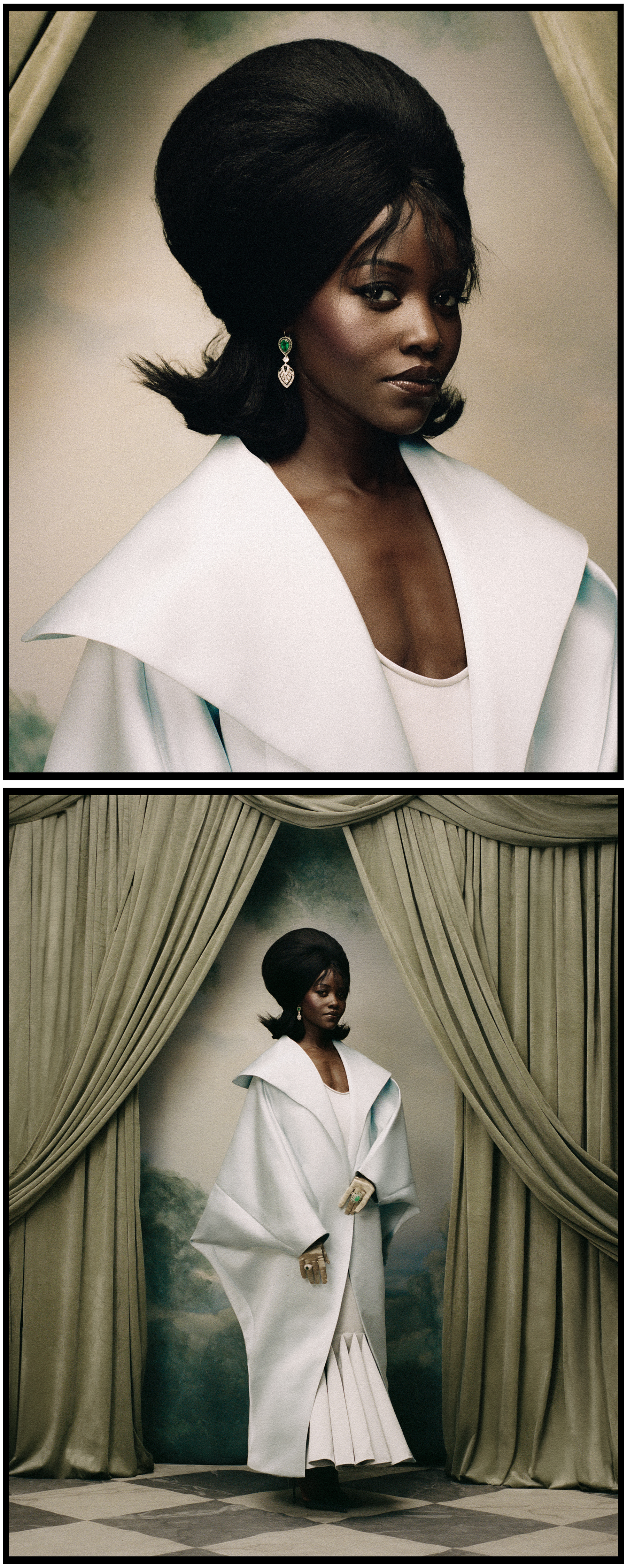 Lupita Nyong'o photographed by Kenny Germe&amp;#769;. Top image: Close-up portrait of Lupita wearing a white coat with oversize lapels and drop earrings. Bottom: Full-length image of Lupita wearing an oversize white coat over fluted white dress.