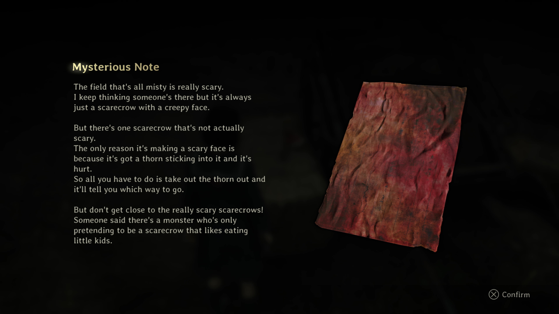 Hinako reads a mysterious note in Silent Hill f, from the Tokyo preview, clueing her into the scarecrow puzzle