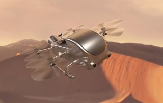 a long, silver chrome drone with six body-level propellers resembles a dragonfly. it flies over a pink/tan sandy dune landscape.