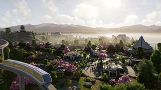 Jurassic World Evolution 3 screenshot showing a park with Cherry Blossom trees