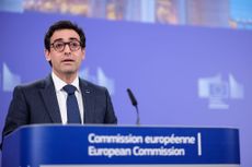 Stephane Sejourne talks to media in the Berlaymont, the European Union Commission headquarter 