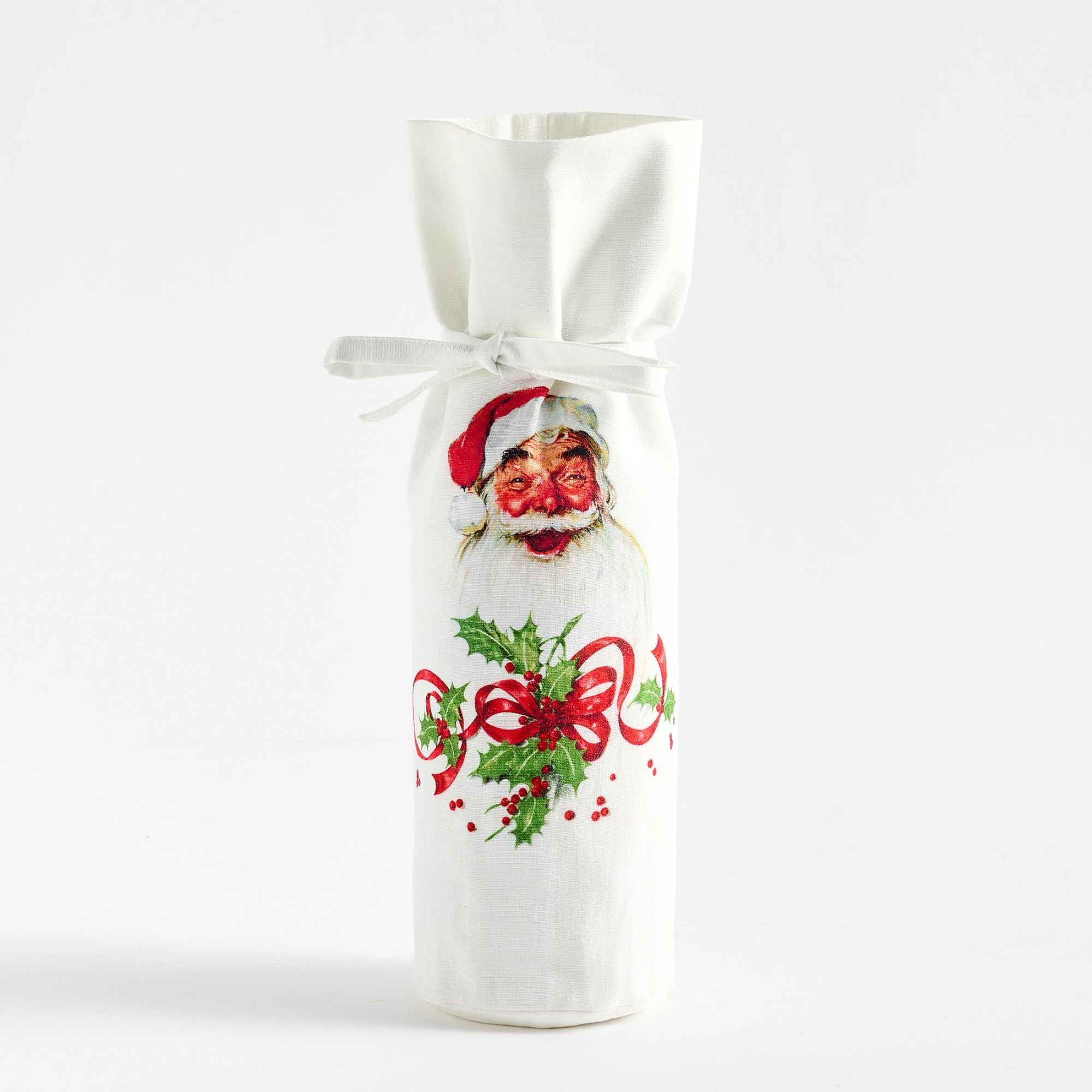 White cloth wine bag with Norman Rockwell santa illustration
