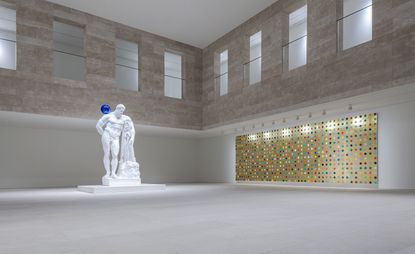 Gazing Ball (Farnese Hercules), 2013, by Jeff Koons, and Aurous Cyanide, by Damien Hirst at Paradise Art Space in Korea