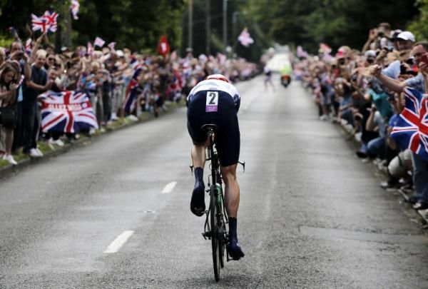 Bradley Wiggins (Great Britain) raced through a wall of sound on the time trial course.
