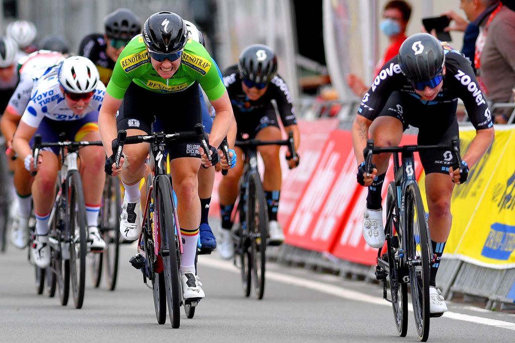 BRUGGE BELGIUM JUNE 23 Lorena Wiebes of The Netherlands and Team DSM Jolien Dhoore of Belgium and Belgium National Team Green Points Jersey sprint at arrival during the 9th Lotto Belgium Tour 2021 Stage 1 a 1126km stage from Blankenberge to Bruges LottoBelgTour LottoBelgiumTour on June 23 2021 in Brugge Belgium Photo by Luc ClaessenGetty Images