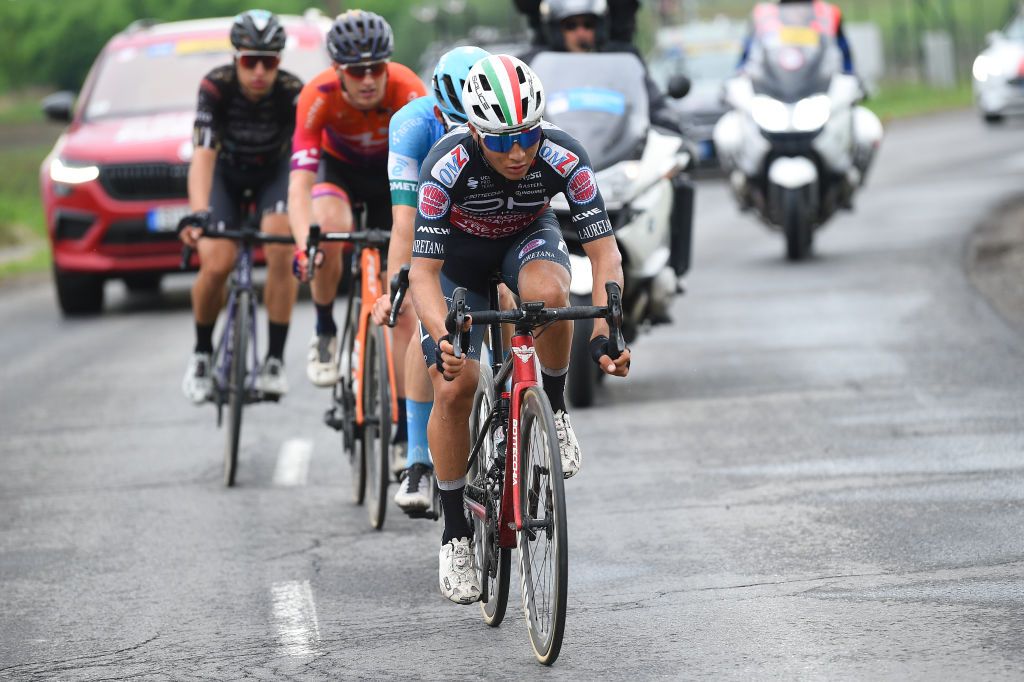 NYIREGYHAZA HUNGARY MAY 13 Ricardo Alejandro Zurita of Venezuela and Team Drone Hopper Androni Giocattoli Sidermec competes in the breakaway during the 43rd Tour de Hongrie 2022 Stage 3 a 154km stage from Sarospatak to Nyiregyhaza tourdehongrie on May 13 2022 in Nyiregyhaza Hungary Photo by Dario BelingheriGetty Images