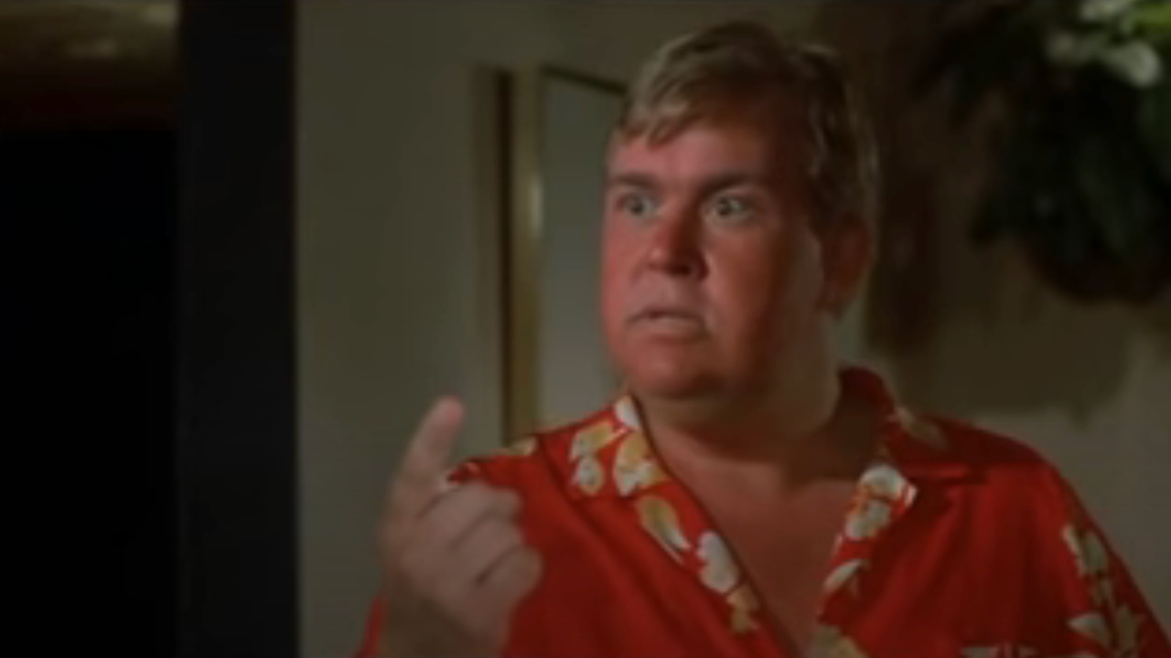 A sunburnt John Candy raises a finger in anger in Summer Rental.