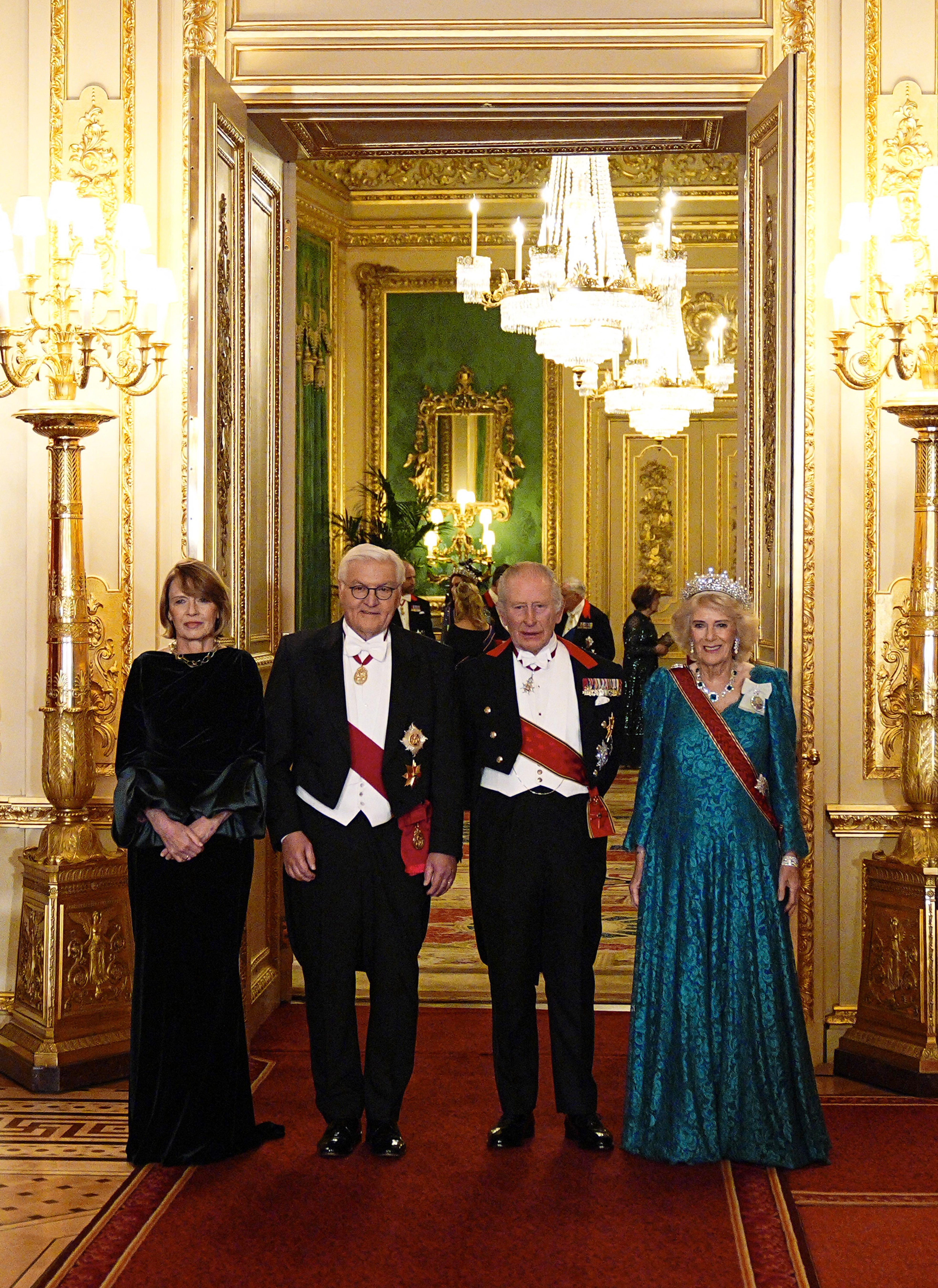 Queen Camilla, King Charles, the president of Germany and first lady of Germany at a state banquet