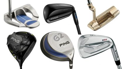 Six Ping golf clubs through the years in a montage