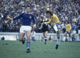 Brazil's Zico shoots for goal in a game against Sweden at the 1978 World Cup.