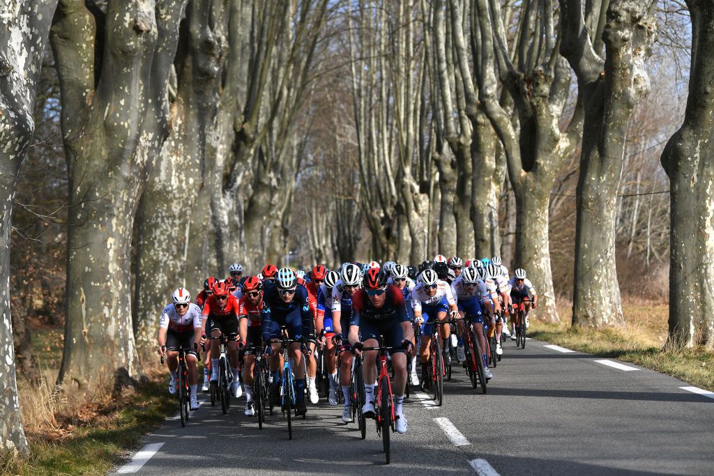MANOSQUE FRANCE FEBRUARY 12 Salvatore Puccio of Italy and Team INEOS Grenadiers leads the peloton during the 6th Tour de La Provence 2022 Stage 2 a 1806km stage from Arles to Manosque 417m TDLP22 on February 12 2022 in Manosque France Photo by Luc ClaessenGetty Images
