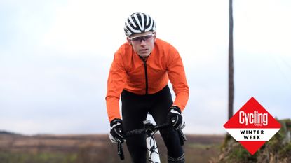 Image shows a rider wearing some of the best winter cycling clothing.