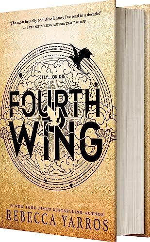 Fourth Wing first book book cover with a black symbol featuring dragons and a gold backdrop