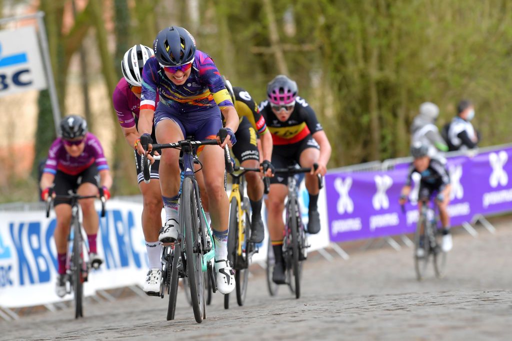 WEVELGEM BELGIUM MARCH 28 Katarzyna Niewiadoma of Poland and Team Canyon SRAM Racing during the 10th GentWevelgem In Flanders Fields 2021 Womens Elite a 1417km race from Ypres to Wevelgem Kemmelberg Ossuaire Cobblestones GWE21 GWEWomen FlandersClassic UCIWWT on March 28 2021 in Wevelgem Belgium Photo by Luc ClaessenGetty Images