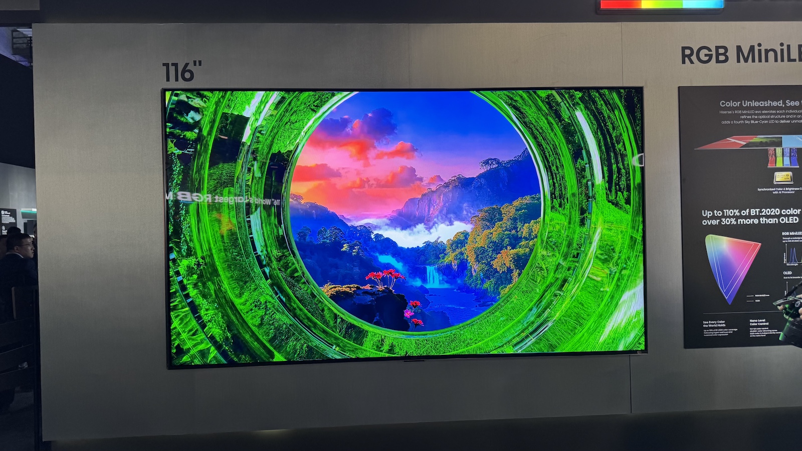 The Hisense 116UXS 116-inch RGB Mini LED TV, pictured on a stand at CES 2026
