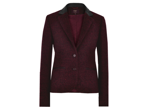 Ladies Fitted Short Jacket with Deep Lapel Brandy Wine Boucle Front