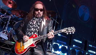 Ace Frehley performs onstage at the DTE Energy Center in Clarkston, Michigan on August 27, 2011