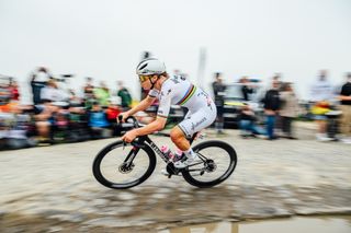The peloton at Paris-Roubaix Femmes 2024