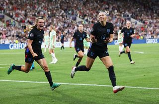 Chloe Kelly of England celebrates scoring her team's second goal during the UEFA Women's EURO 2025 Semi-Final match between England and Italy at Stade de Geneve on July 22, 2025 in Geneva, Switzerland.
