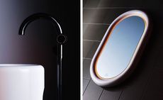 Two images of the bathroom collection by Tom Dixon for Vitra, including washbasin, freestanding mixer and a mirror