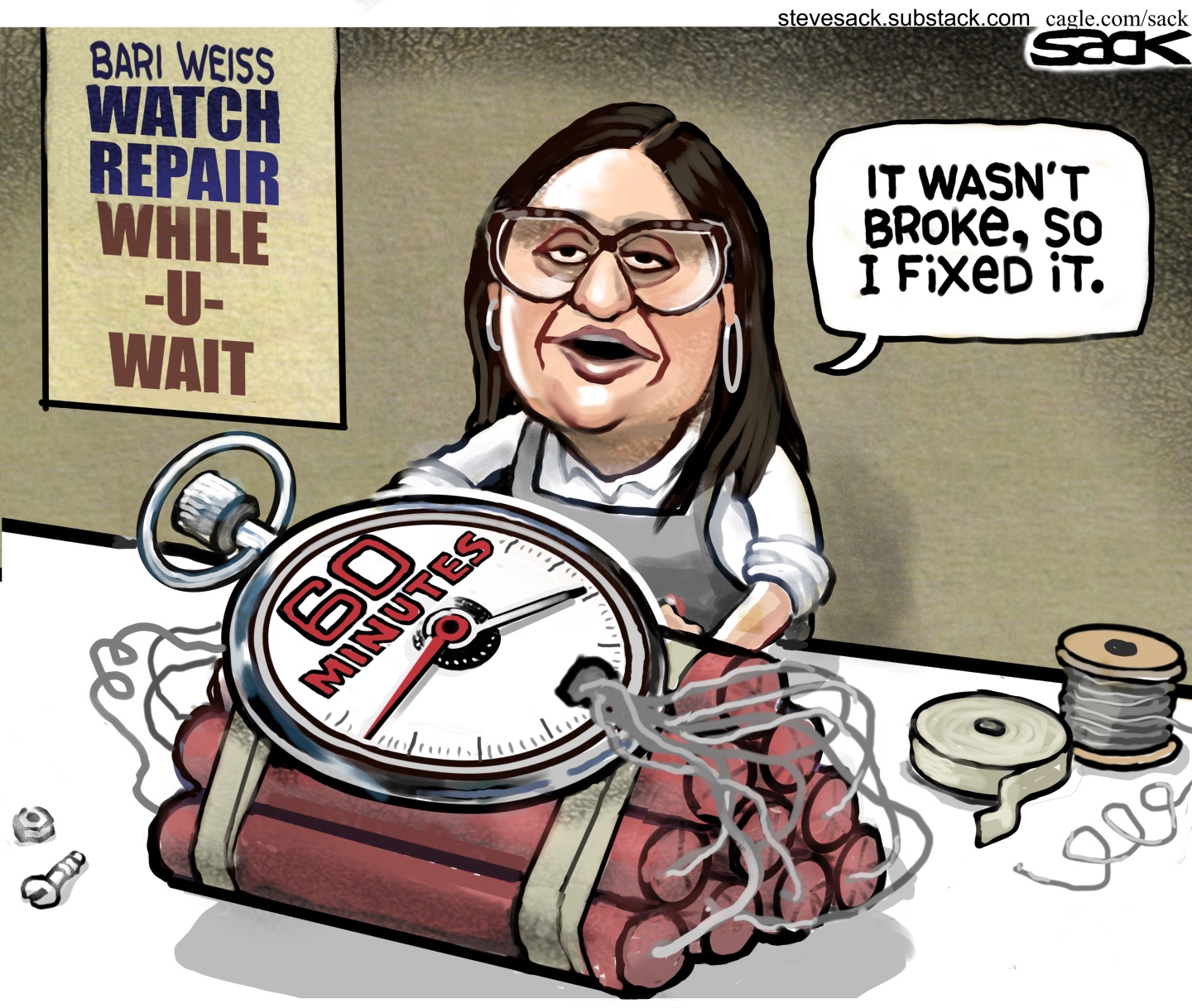 Bari Weiss is in her repair shop named &amp;ldquo;Bari Weiss Watch Repair While You Wait.&amp;rdquo; She&amp;rsquo;s taken a 60-minutes stopwatch and attached it to pile of dynamite. Weiss says, &amp;ldquo;It wasn&amp;rsquo;t broke, so I fixed it.&amp;rdquo;