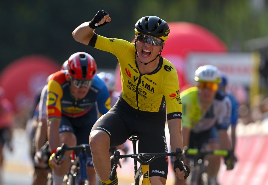 PRUDNIK POLAND AUGUST 15 Olav Kooij of The Netherlands and Team Team Visma Lease a Bike celebrates at finish line as stage winner during the 81st Tour de Pologne Stage 4 a 1953km stage from KudowaZdroj to Prudnik UCIWT on August 15 2024 in Prudnik Poland Photo by Luc ClaessenGetty Images