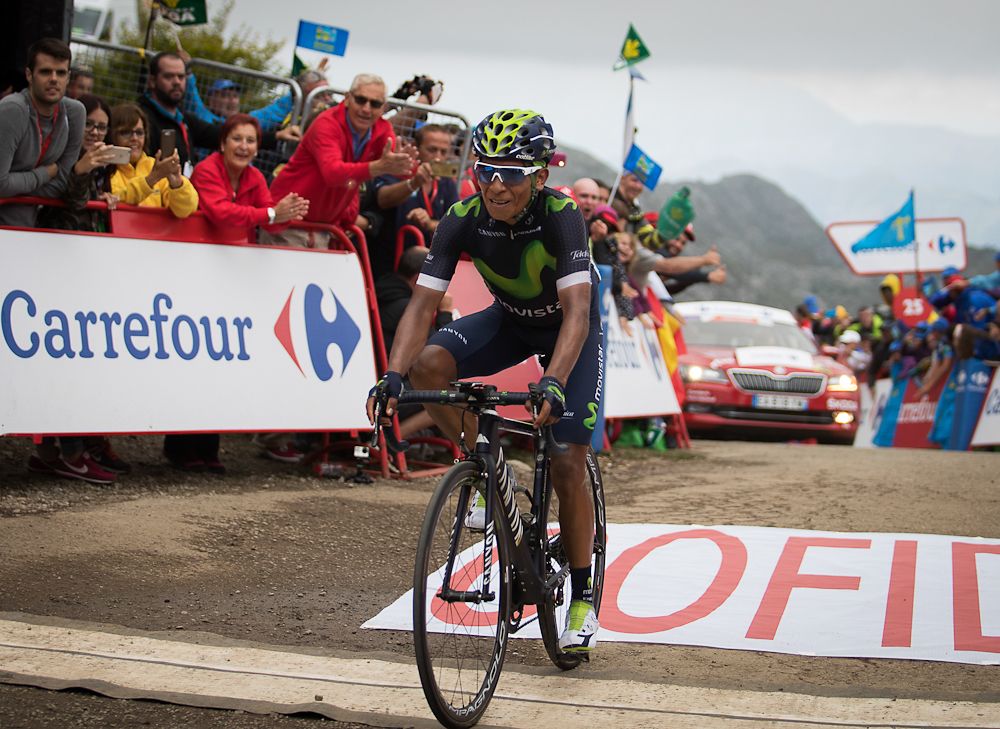 Nairo Quintana crosses the line to win stage 10 at the Vuelta