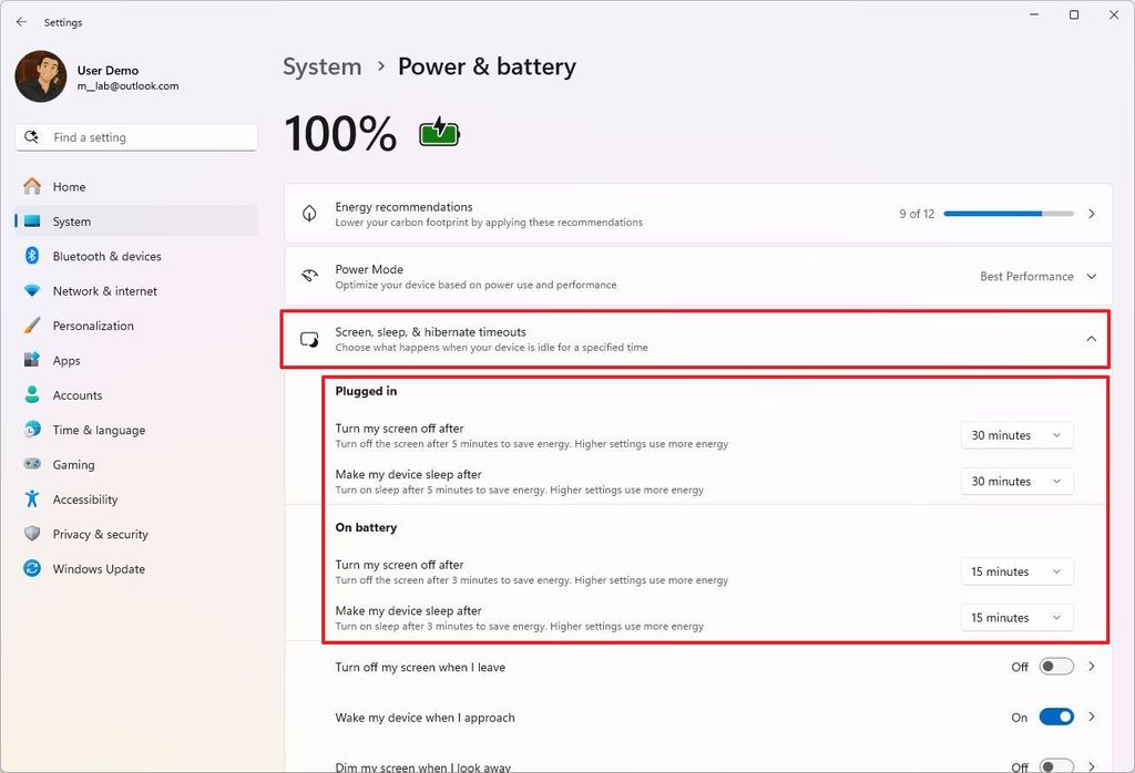 Change screen and sleep timeouts