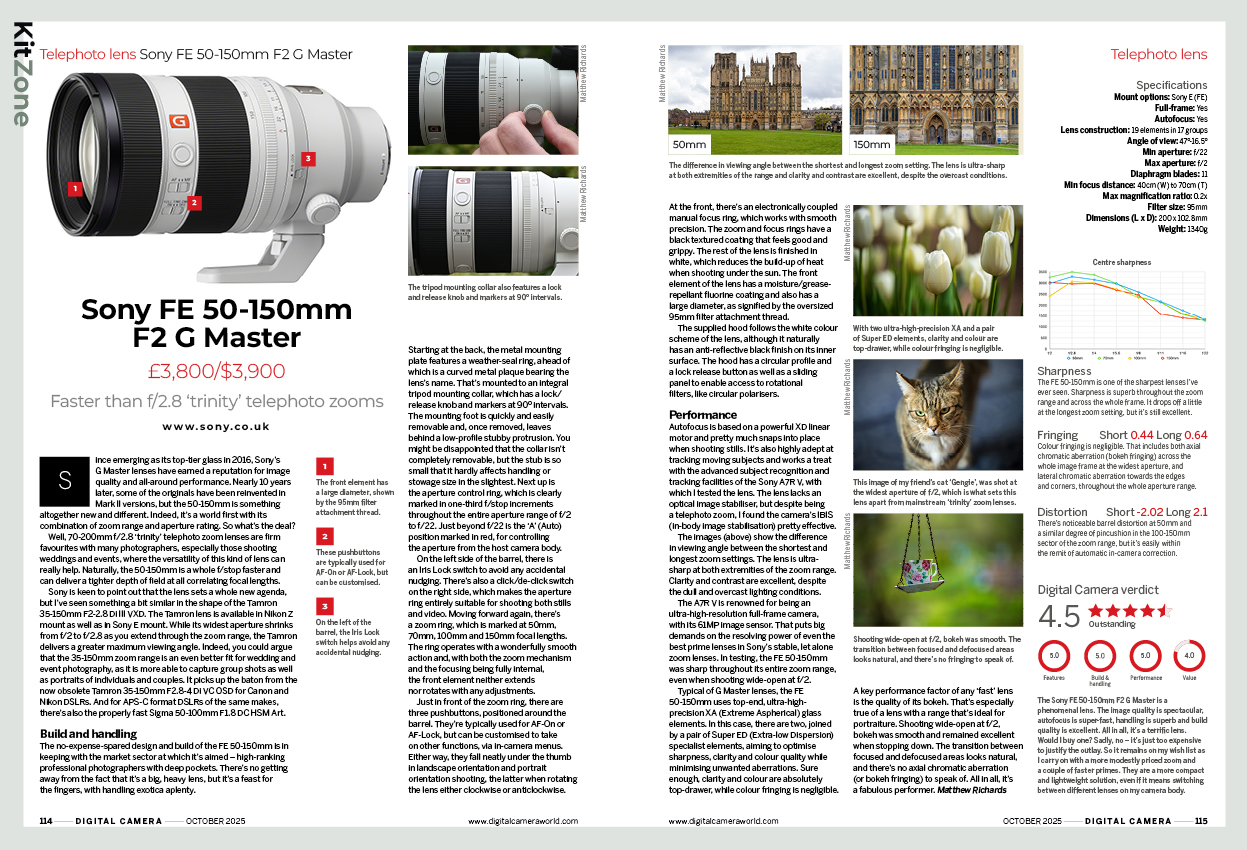 Image showing the Sony FE 50-150mm F2 G Master lens review, in issue 299 (October 2025) of Digital Camera magazine