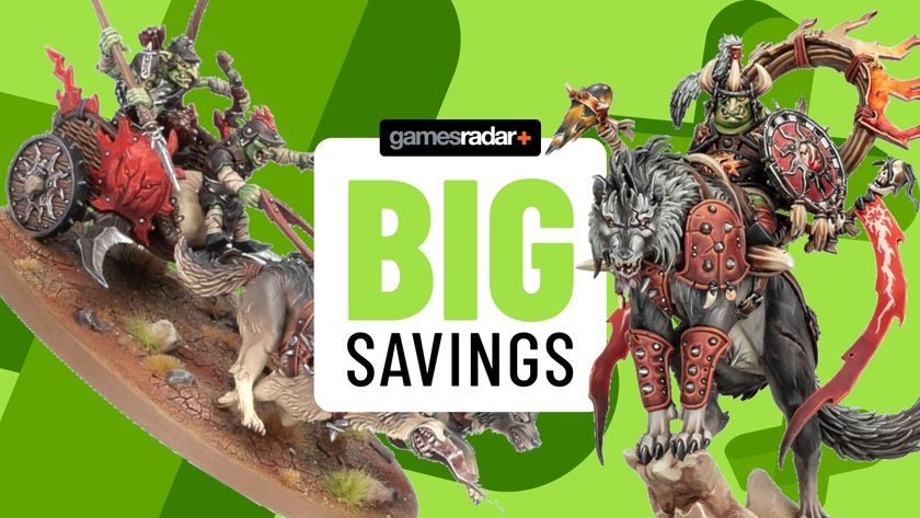 Gitmob Army Box boss on an armored wolf and a wolf-pulled chariot on either side of a GamesRadar+ &#039;big savings&#039; badge, all against a green background